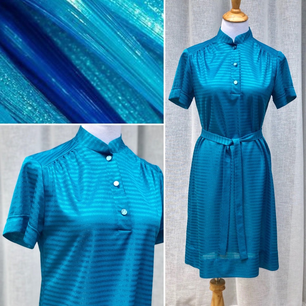 1960s Bright Blue Nylon horizontal stripe short sleeve polo dress loose belt